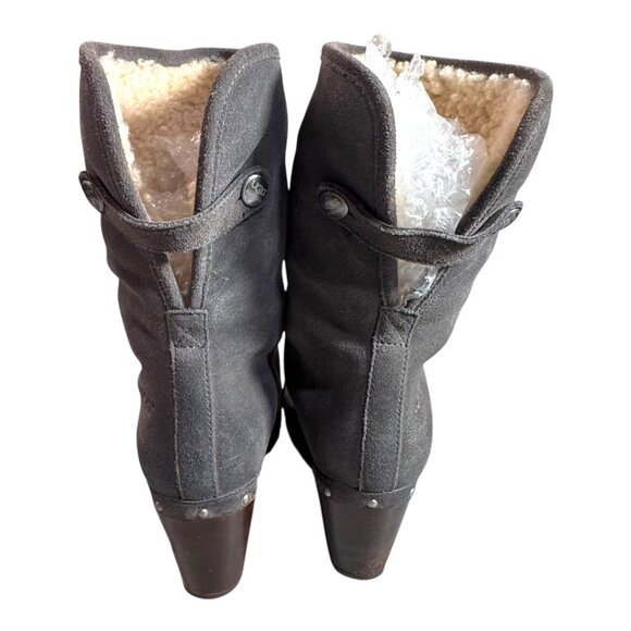 UGG Boots Women 6 Gray Leather Lynnea Fold Over Lined Wooden Clog Booties READ - Picture 10 of 12